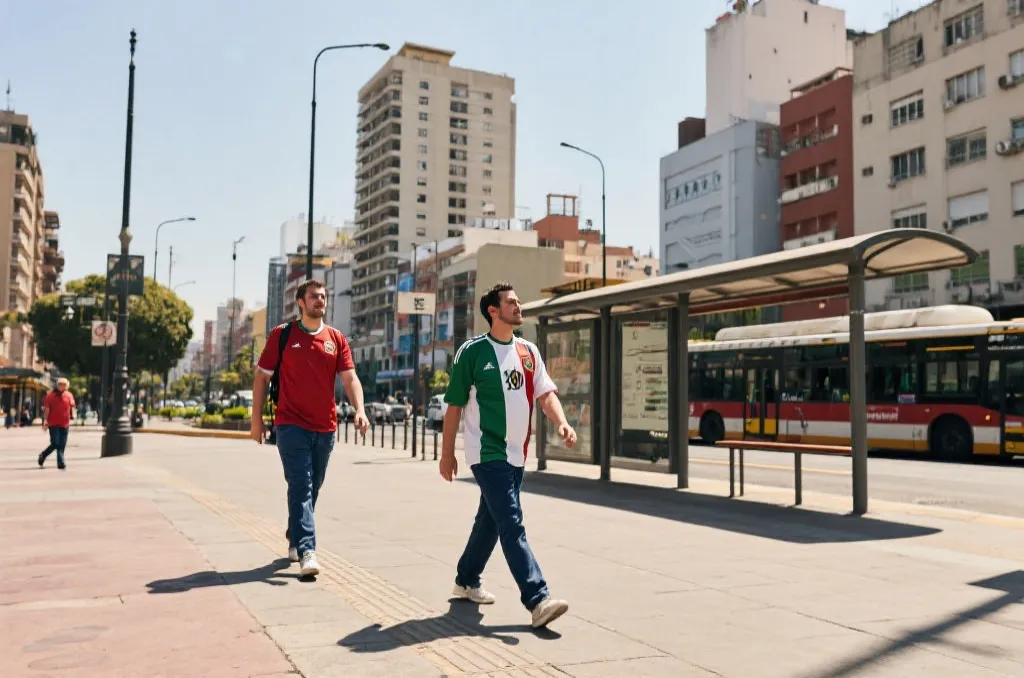 球迷在墨西哥城市区步行和搭乘交通的旅行场景